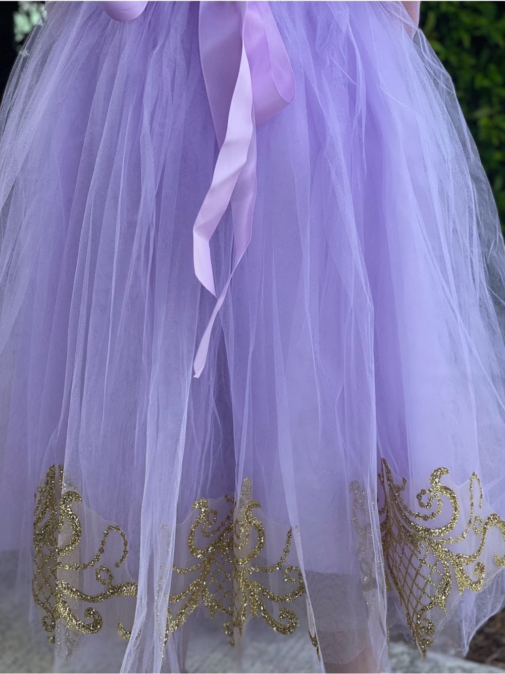 Girls' Pink and Lavender Princess Tulle Dress with Gold Trim - Picture 9 of 9
